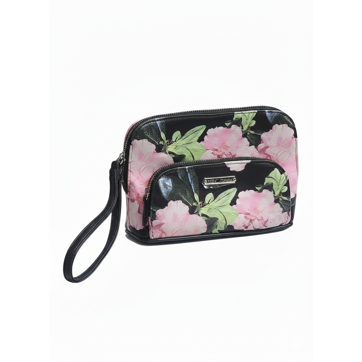 Betsey Johnson Floral Wristlet Black Pink Zip Cosmetic Bag Travel Pouch Logo